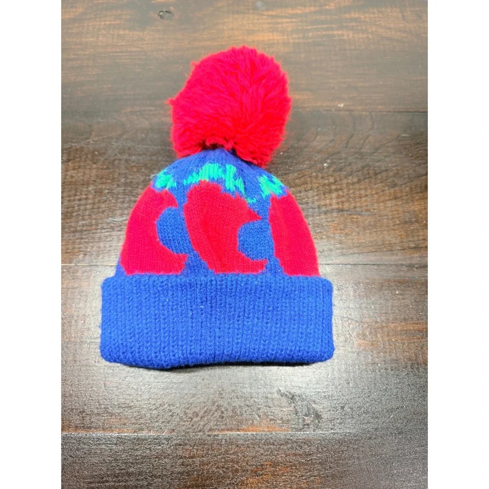 Kids Blue Knit Beanie with Red Pom Pom and‎ Apple Design winter Snow